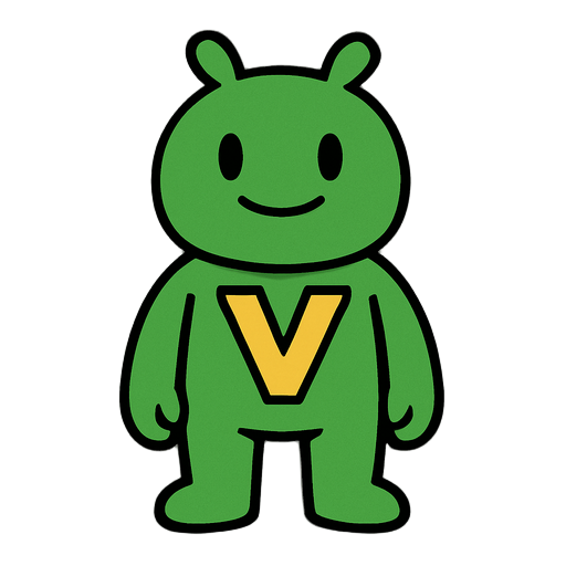 green humanoid mascot with bold v