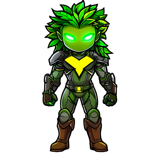 green humanoid hero with leafy hair, glowing eyes, a bold yellow v on chest, armored suit, brown boots, front-facing