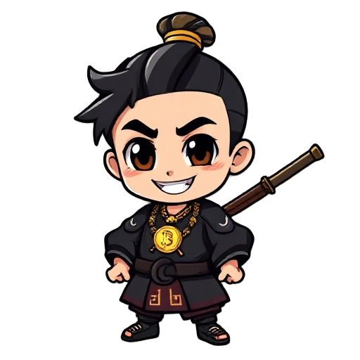 chibi samurai boy, dark kimono with crypto symbols, bitcoin necklace, katana on back, golden topknot, big smile, expressive eyes, transparent bg, cartoon-anime 2d sprite.