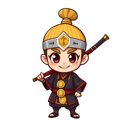chibi samurai boy, dark kimono with crypto symbols, bitcoin necklace, katana on back, golden topknot, big smile, expressive eyes, transparent bg, cartoon-anime 2d sprite.