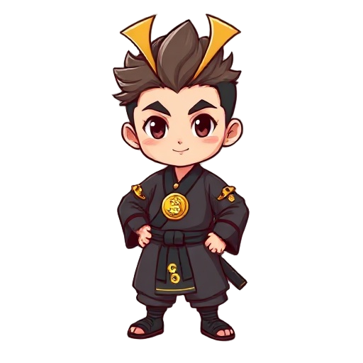 a stylized 2d sprite of a chibi samurai boy character, standing confidently, wearing a dark gray kimono with golden cryptocurrency symbols, a bitcoin medallion necklace, a traditional samurai hairstyl