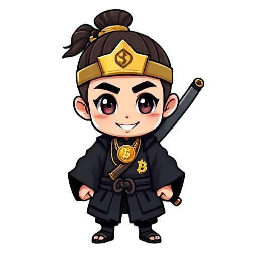 chibi samurai boy, dark kimono with crypto symbols, bitcoin necklace, katana on back, golden topknot, big smile, expressive eyes, transparent bg, cartoon-anime 2d sprite.