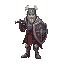 a warrior with sword and shield wearing heavy armor