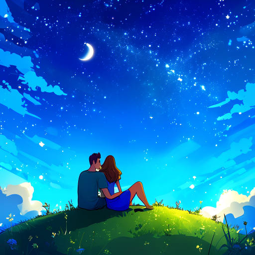 a grassy hill with a man and a woman sitting on it, cuddled up together. the night sky is the most prominent part of the image, with the stars and moon shining