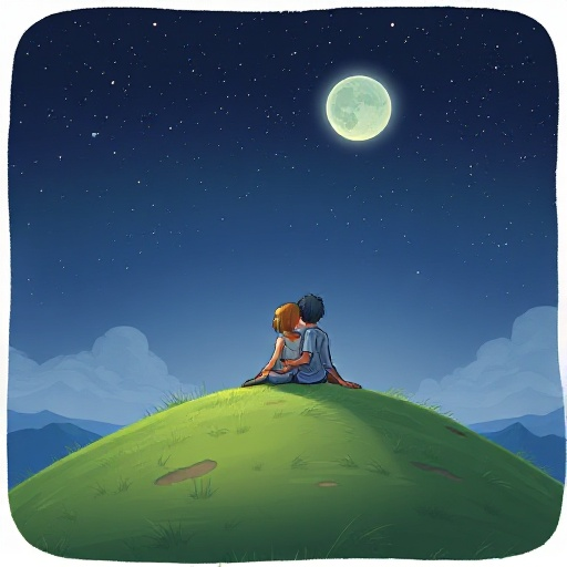a grassy hill with a man and a woman sitting on it, cuddled up together. the night sky is the most prominent part of the image, with the stars and moon shining