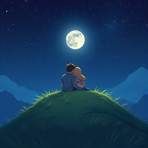 a grassy hill with a man and a woman sitting on it, cuddled up together. the night sky is the most prominent part of the image, with the stars and moon shining