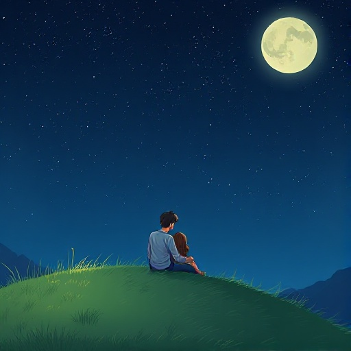 a grassy hill with a man and a woman sitting on it, cuddled up together. the night sky is the most prominent part of the image, with the stars and moon shining