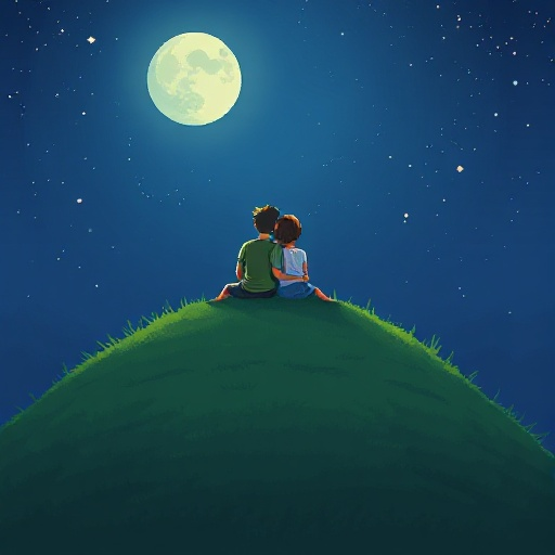 a grassy hill with a man and a woman sitting on it, cuddled up together. the night sky is the most prominent part of the image, with the stars and moon shining. pixel