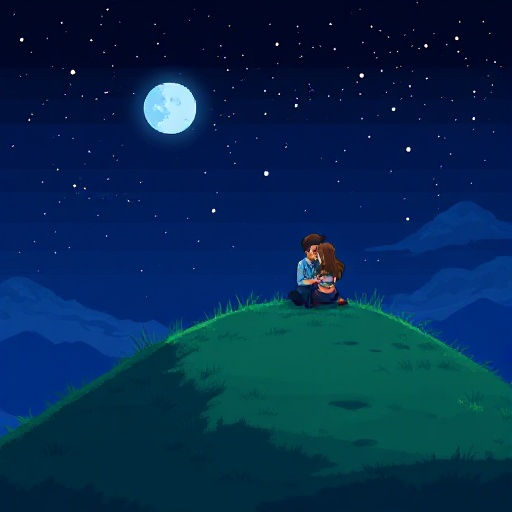 a grassy hill with a man and a woman sitting on it, cuddled up together. the night sky is the most prominent part of the image, with the stars and moon shining. pixel