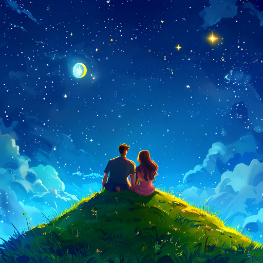 a grassy hill with a man and a woman sitting on it, cuddled up together. the night sky is the most prominent part of the image, with the stars and moon shining