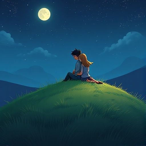 a grassy hill with a man and a woman sitting on it, cuddled up together. backdropped with the night sky, with the stars and moon shining