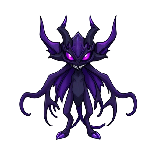 a monstrous, alien void queen with a manta ray-like body. she has a sleek, elongated form with flowing, ribbon-like appendages that resemble fins or wings. her head has a crown of sharp void horns, glowing violet eyes, and jagged mandibles. her main color