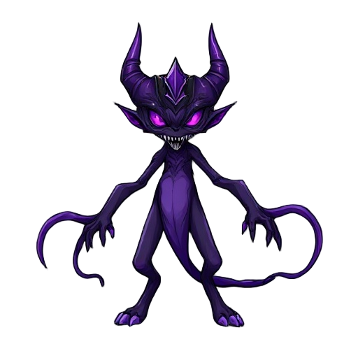 a monstrous, alien void queen with a manta ray-like body. she has a sleek, elongated form with flowing, ribbon-like appendages that resemble fins or wings. her head has a crown of sharp void horns, glowing violet eyes, and jagged mandibles. her main color