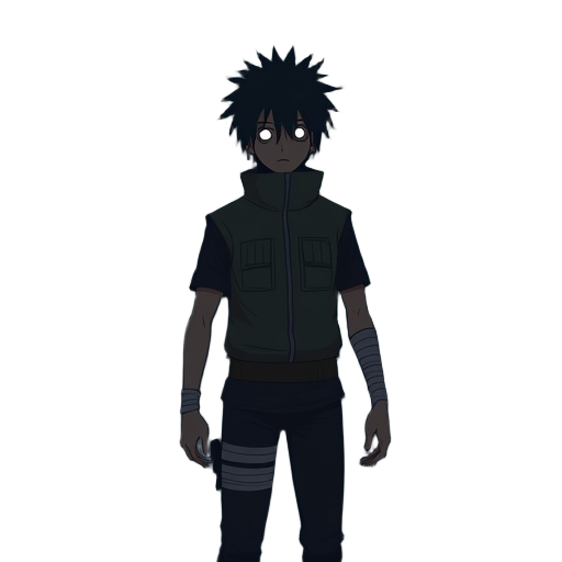 1man, hyuga clan, anime style, a shinobi, white eyes, white eye, completely white eye, byakugan eyes, no pupil, black hair, hands with bandages, dark forest background, shadows embracing the character, centered, distant , away, ultra detail, octane render