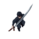 dystopian, adult, male, seethed katana, minimal perspective shift, isolated on black background