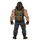 dystopian, male, long hair, muscular, backpack, minimal perspective shift, isolated on black background