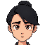 adult, male, long black hair in a bun, brown eyes, thick eyebrows, tired expression