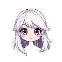 little girl, long flowing hair, white hair, purple eyes, thick eyebrows, anime style, cute expression
