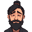 middle aged adult, male, beard, long black hair in a bun, sleepy brown eyes, thick eyebrows, tired expression