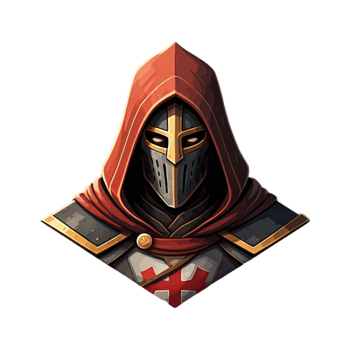 isometric 3/4 view male crusader with hood over helmet, red, black, brown, white, with gold accents