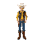 detailed hight definition cowboy looking like lucy luke , white hat, yellow shirt, black vest, blue jeans and long brown cowboy boots 
