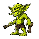  view from the side, goblin, green, yellow eyes, long and big nose,  looks mean,  no hair, a wooden club in one hand