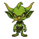 goblin, green, yellow eyes, long and big nose,  looks mean