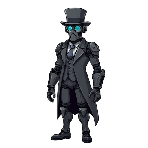 a mechanical man dressed as a victorian gentleman