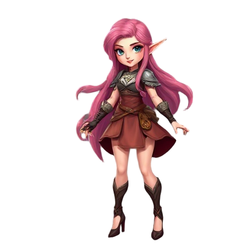 elf warrior, skirt, high heels, long pink hair,