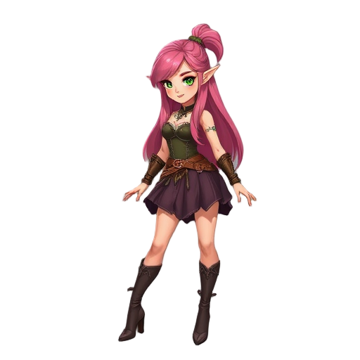 elf warrior, skirt, high heels, long pink hair,