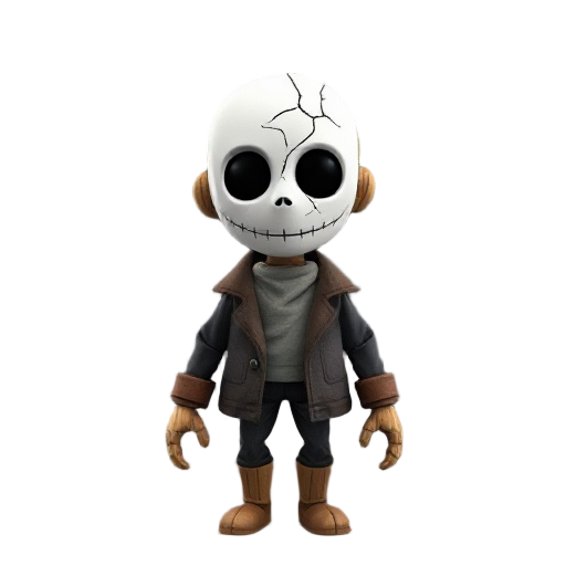 a puppet that has a crack on his mask. he is made of wood, white mask and only eyes pitch black. ruined jacket ripped.
