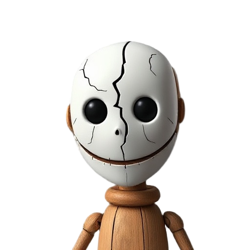 a puppet that has a crack on his mask. he is made of wood, white mask and 2 pitch black eyes no mouth or nose