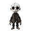 a puppet that has a crack on his mask. he is made of wood, white mask and only eyes pitch black. ruined jacket ripped.