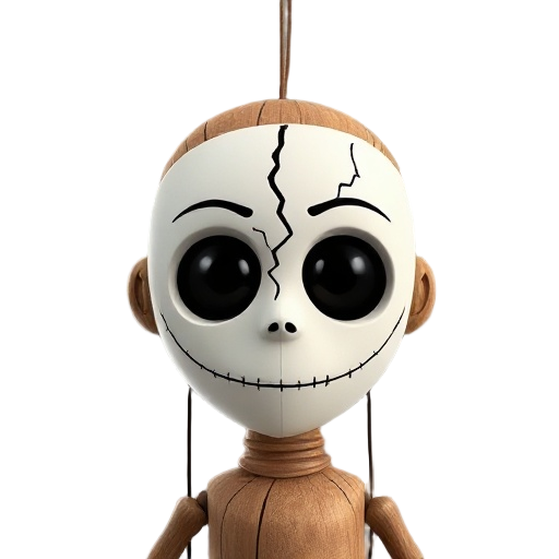 a puppet that has a crack on his mask. he is made of wood, white mask and 2 pitch black eyes no mouth or nose