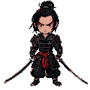 samurai warrior kaito, black hair, red eyes, traditional dark kimono with metal armor plates, single katana with ornate handle, determined expression, mystical aura, dark fantasy japanese style