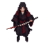 dark kimono, blood crimson haori. pálido, com veias pretas sutis. olhos vermelho-fogo. wielding 2 katanas: one prateada (kaze), one azul-gelo (tsuchi). sombrio, soulslike samurai atmosphere. detailed battle damage on clothes.
