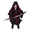 dark kimono, blood crimson haori. pálido, com veias pretas sutis. olhos vermelho-fogo. wielding 2 katanas: one prateada (kaze), one azul-gelo (tsuchi). sombrio, soulslike samurai atmosphere. detailed battle damage on clothes.