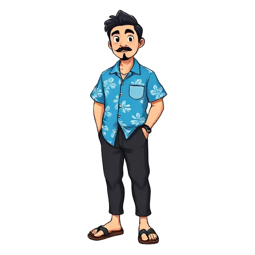 a  "japanese man" in a blue aloha shirt, black pants, flip flops, with tied up black hair, a mustache and a petite goatee. 