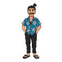 a japanese man, blue aloha shirt, black pants, flip flops, black hair man bun, mustache, petite goatee