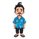 a japanese man, blue aloha shirt, black pants, flip flops, tied up black hair, mustache, petite goatee
