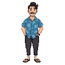 a japanese man, blue aloha shirt, black pants, flip flops, tied up black hair, a mustache and a petite goatee