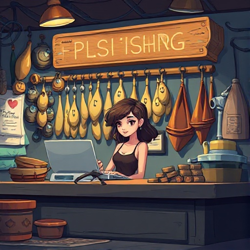 fishing gear shop, woman behind desk