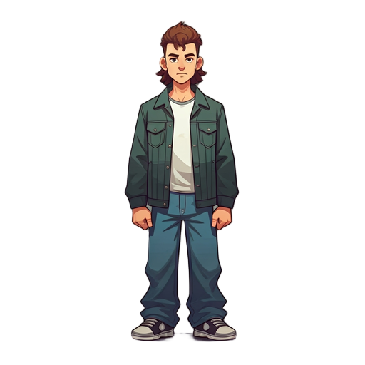 make a character wearing a baggy jean and a white t-shirt underneath a dark green denim jacket, the character must have brown hair with a mullet type haircut and a black backward baseball cap