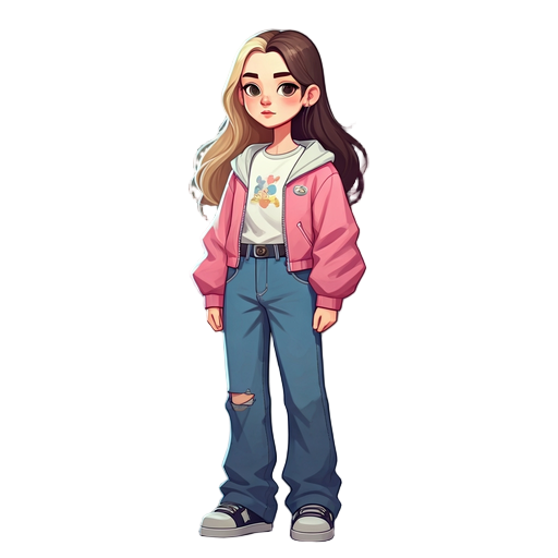 à girl with long brown hair and two blonde part on the front of her hair, a baggy jeans with a white tshirt and a pink jacket 