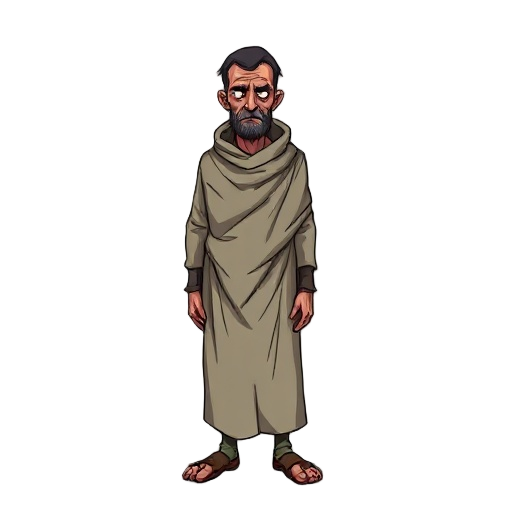 hd catholic penitent man wearing a worn-out sack cloth, he's weak and tired for a catholic metroidvania game, serious and dark style similar to castlevania