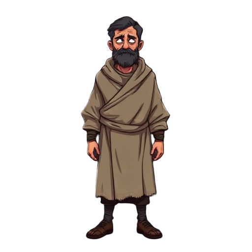 catholic penitent man wearing a worn-out sack cloth, he's weak and tired for a catholic metroidvania game