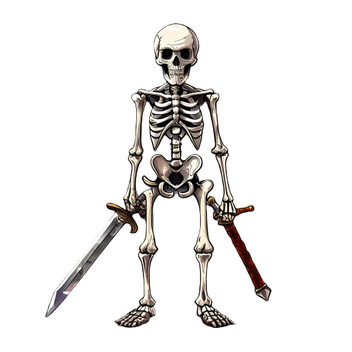 a realistic skeleton holding a rusty sword. facing towards camera. dark fantasy. scary.