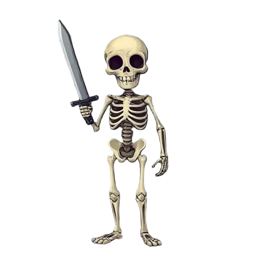 one armed skeleton holding sword. facing towards camera. dark fantasy. scary.