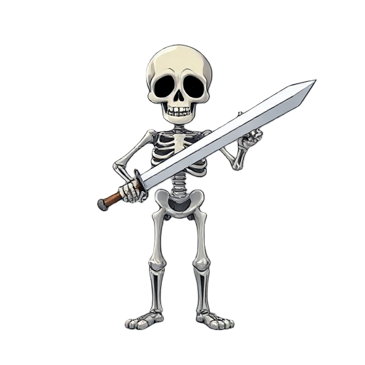 one armed skeleton holding sword. facing towards camera.