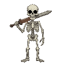 a realistic skeleton with rusty sword. facing towards camera. scary. 
